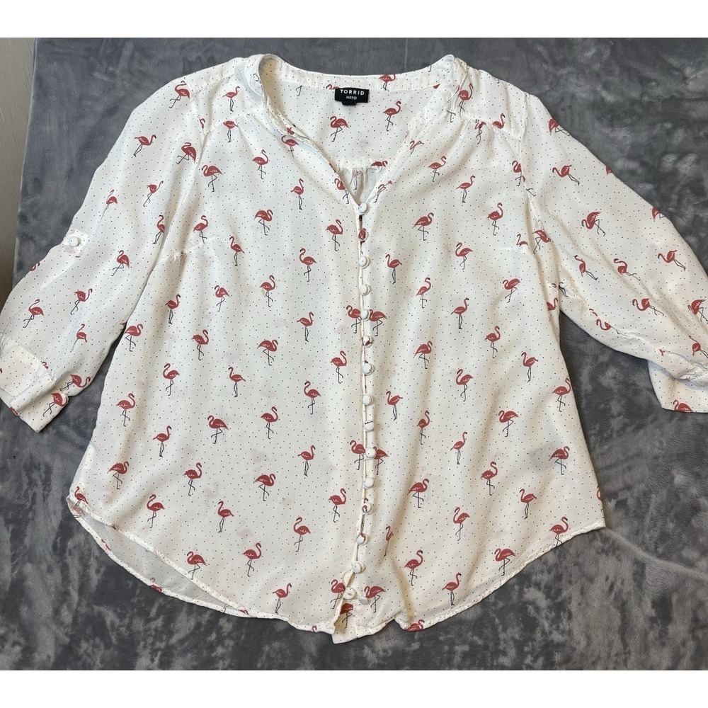 Torrid Shirt Womens Size 00 Harper Flamingos Lightweight Polka Dots Tab Sleeve